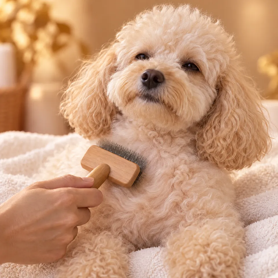 Detalhe ilustrativo de um cão recebendo carinho durante a escovação