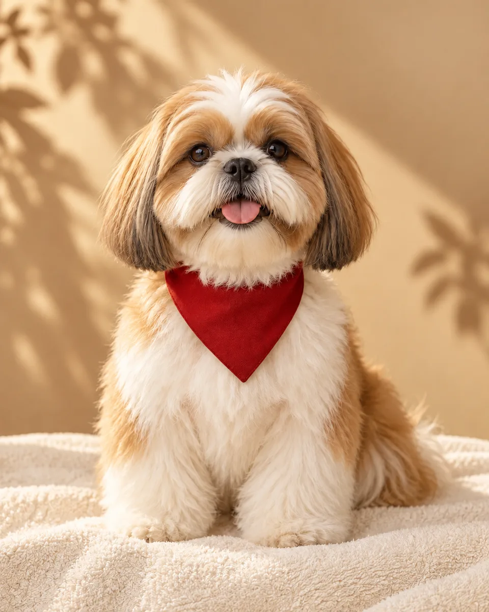 Shih-tzu de pelagem macia com bandana terracota; imagem ilustrativa